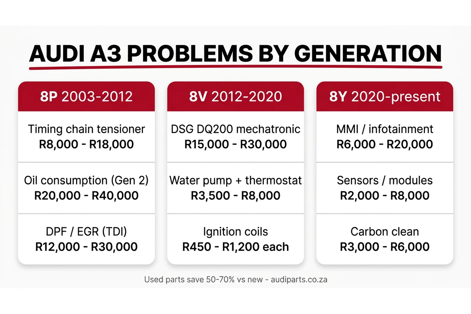 Audi A3 common problems by generation 8P 8V 8Y with SA repair costs