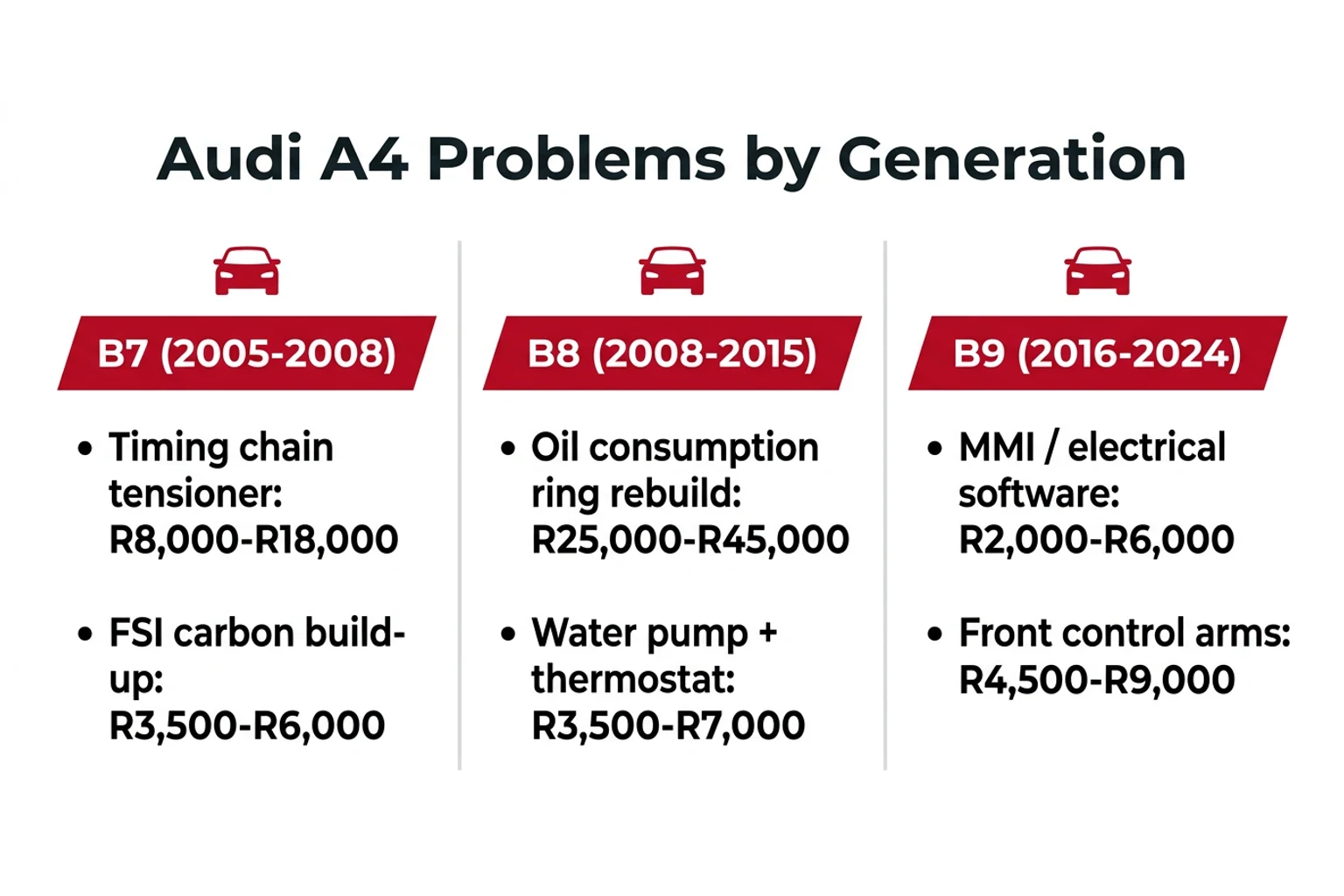 Audi A4 common problems by generation B7 B8 B9 with SA repair costs