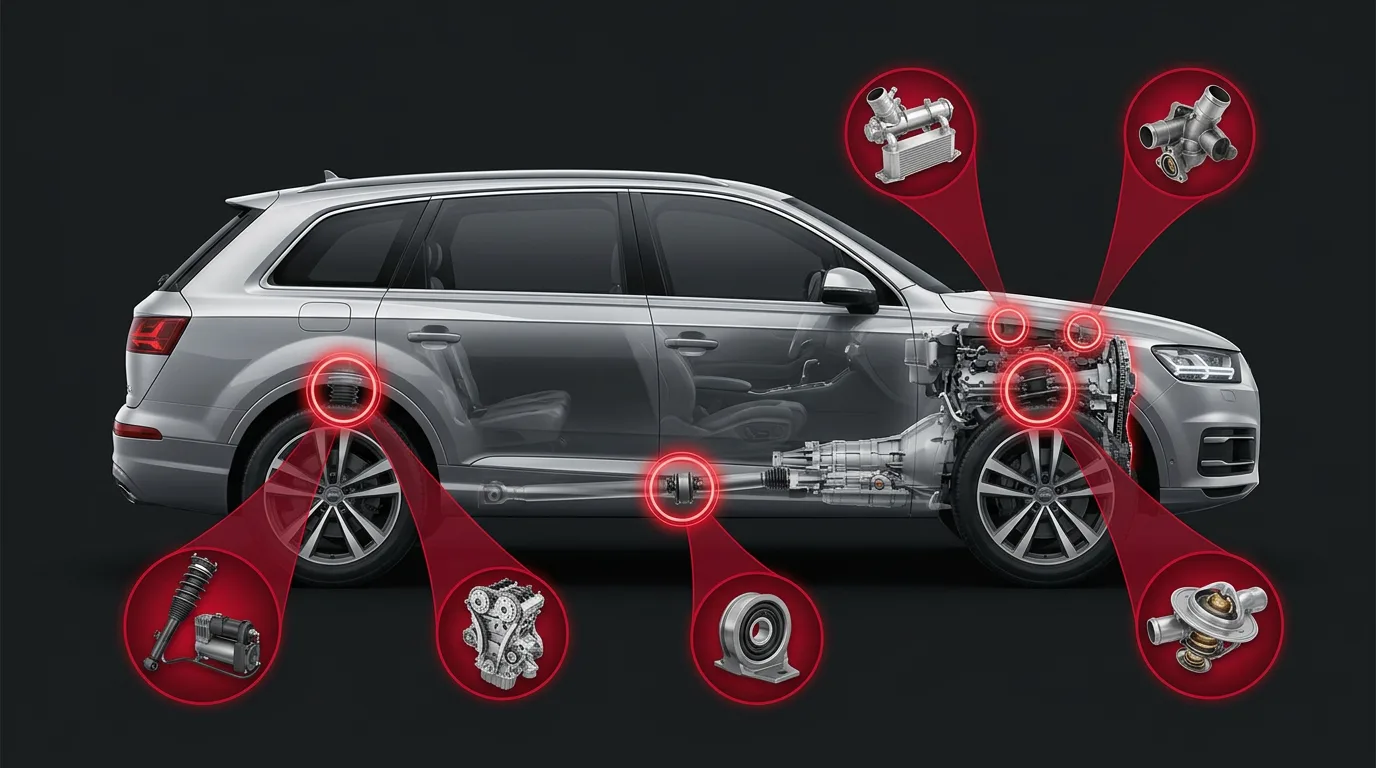 Audi Q7 common problem areas: air suspension strut and compressor, timing chain, propshaft centre bearing, oil cooler and thermostat